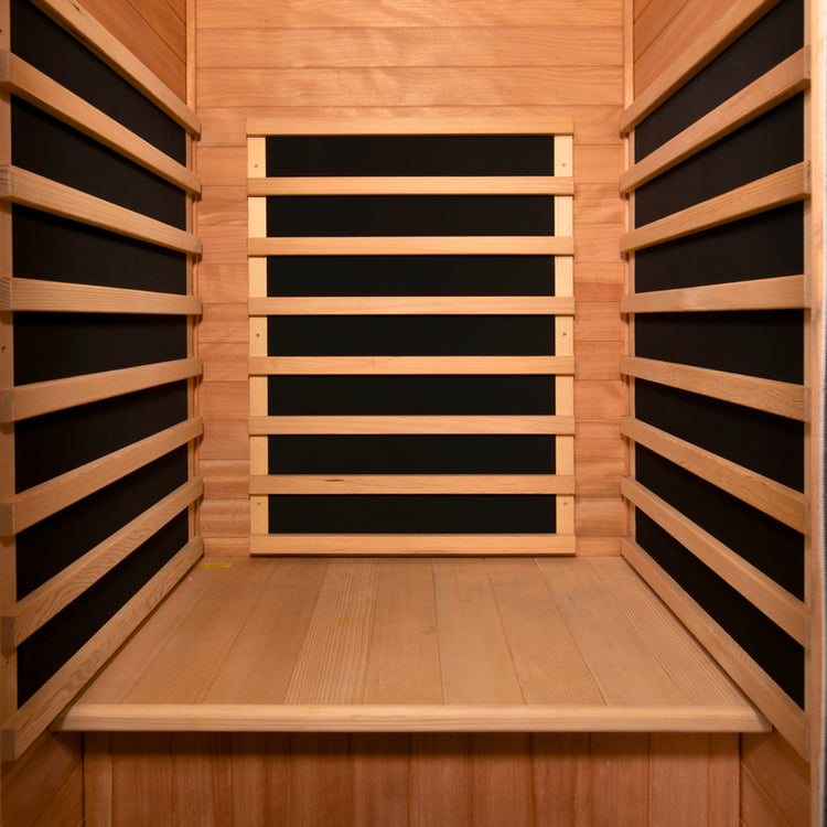 Interior view of EZLIFE Solo sauna showing mica infrared heating panels and Bluetooth control