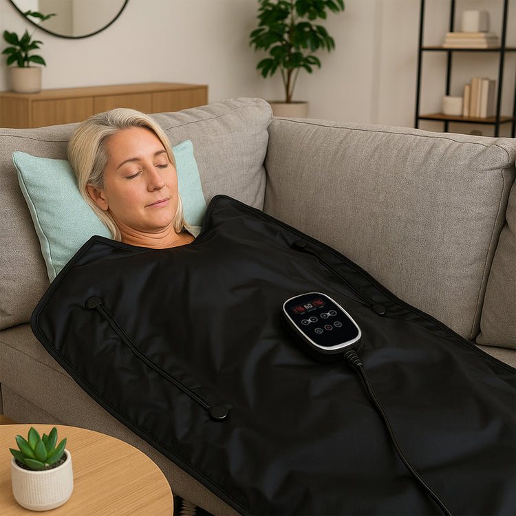 A woman taking a nap in the Ezlife Red Light Sauna Blanket 