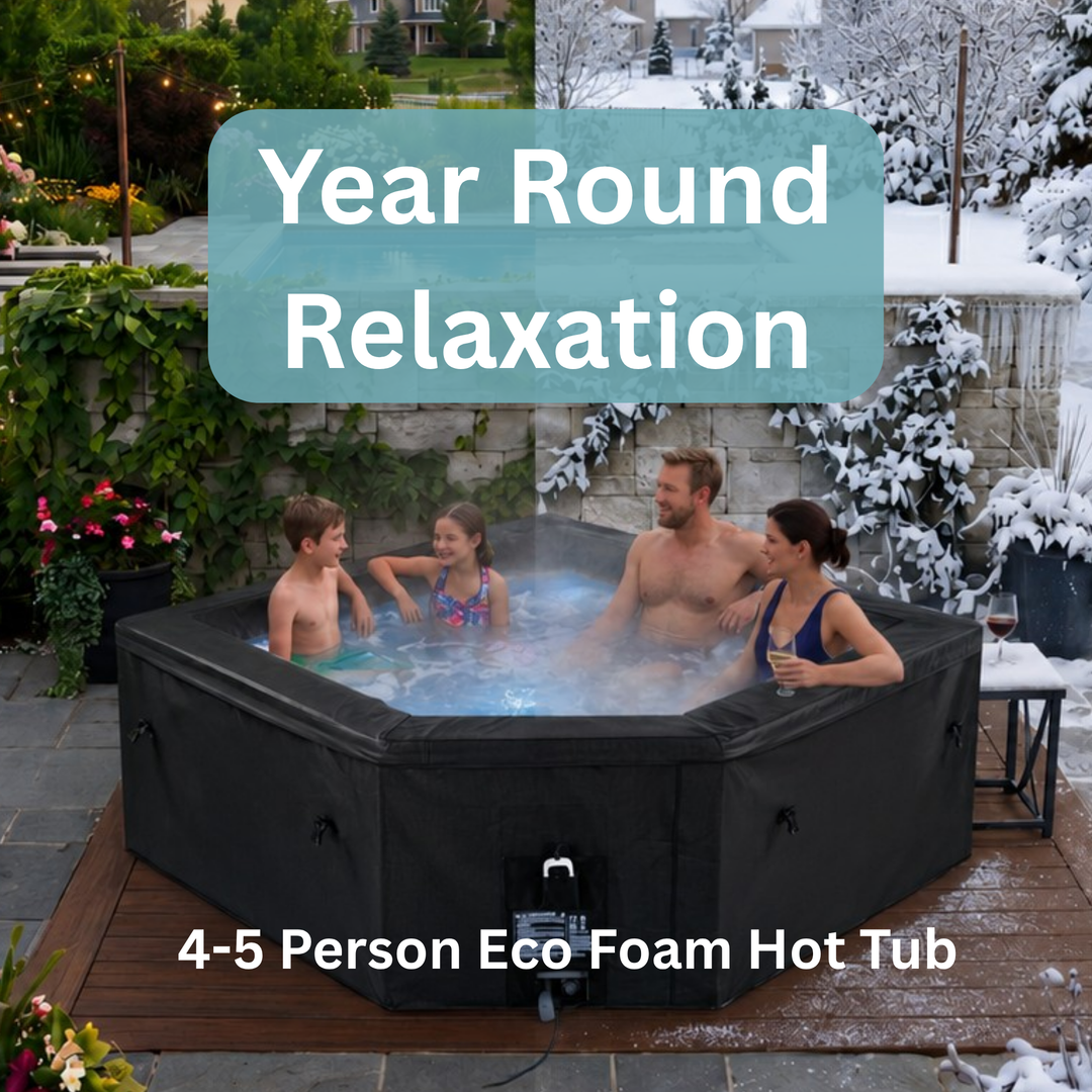 Family enjoying a foam hot tub in winter with 'Year Round Relaxation' text and '4-5 Person Eco Foam Hot Tub' label.