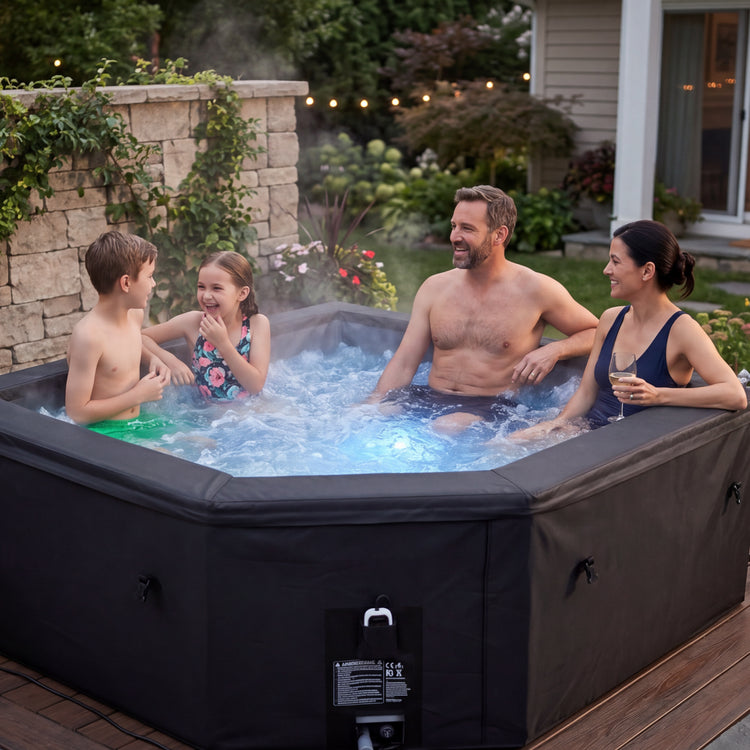 Family of 4 enjoying an EZLIFE foam hot tub in their backyard with hot bubbling and steaming water.