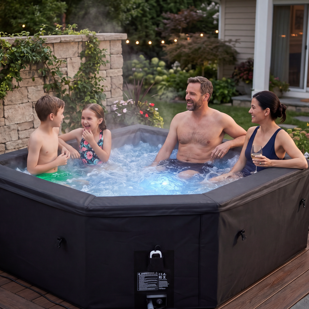 Family of 4 enjoying an EZLIFE foam hot tub in their backyard with hot bubbling and steaming water.