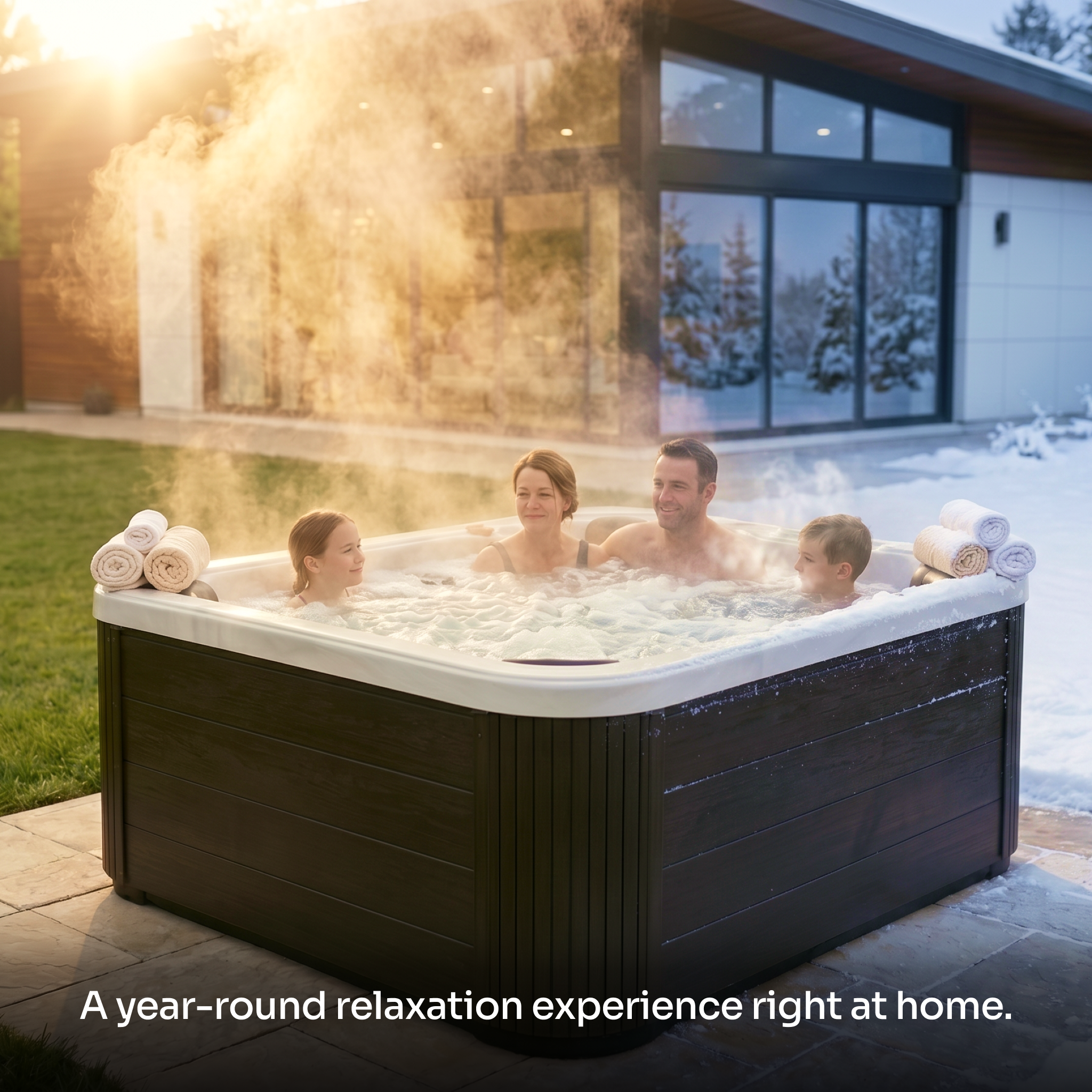 A family of four relaxes in EZLIFE 4 Person Acrylic Hot Tub set on a patio in front of a modern house. Steam rises from the water, and rolled towels rest on the tub's rim.

