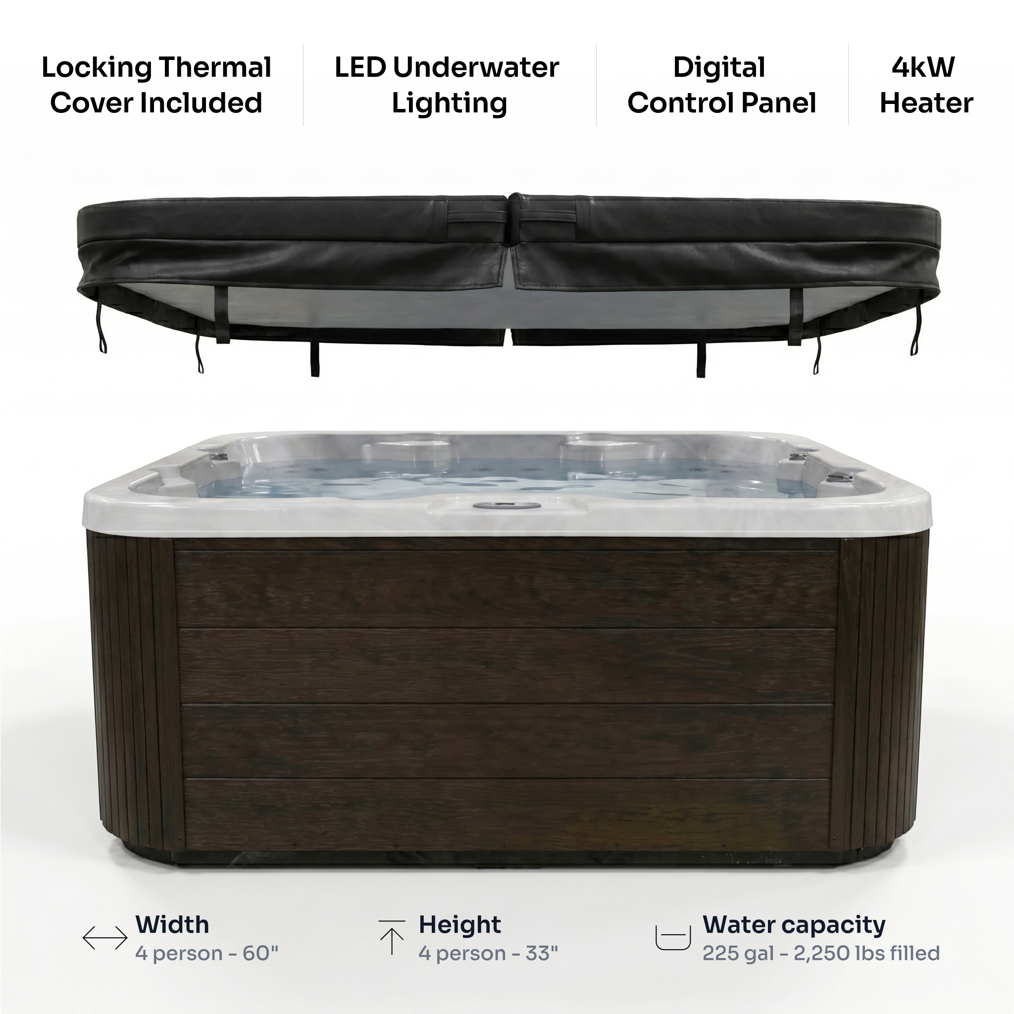 EZLIFE 4 Person Acrylic Hot Tub Features LED Lighting Digital Control Panel Specs