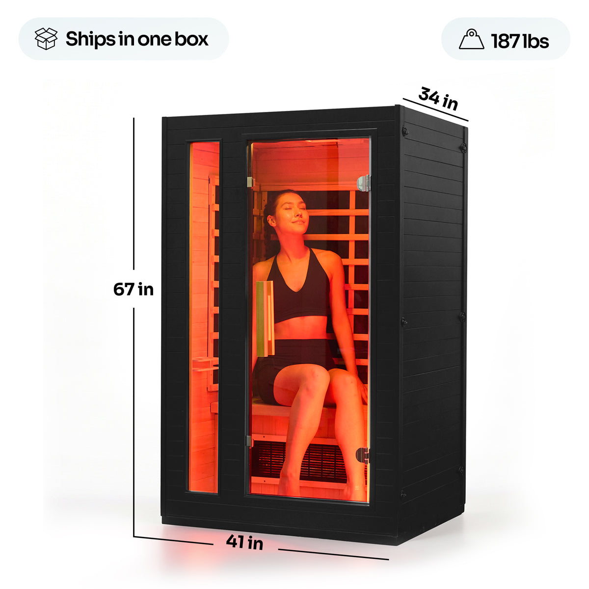2-Person Full Spectrum Infrared Sauna and Medical Grade Red Light Option dimensions and weight. 67 inches by 41 inches by 34 inches and weighs 187 lb