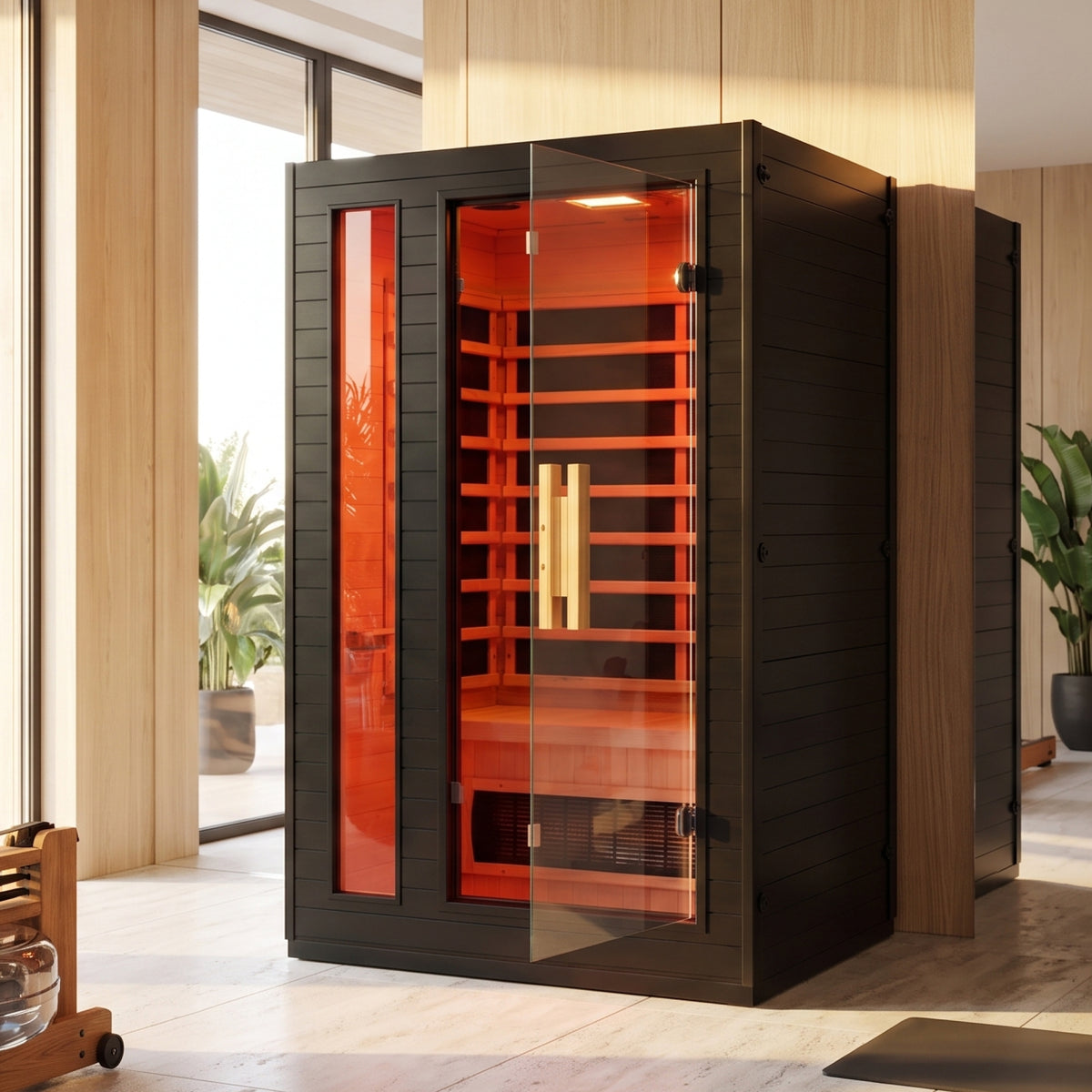 EZLIFE 2-Person Full Spectrum Infrared Sauna and Medical Grade Red Light Option in a modern home