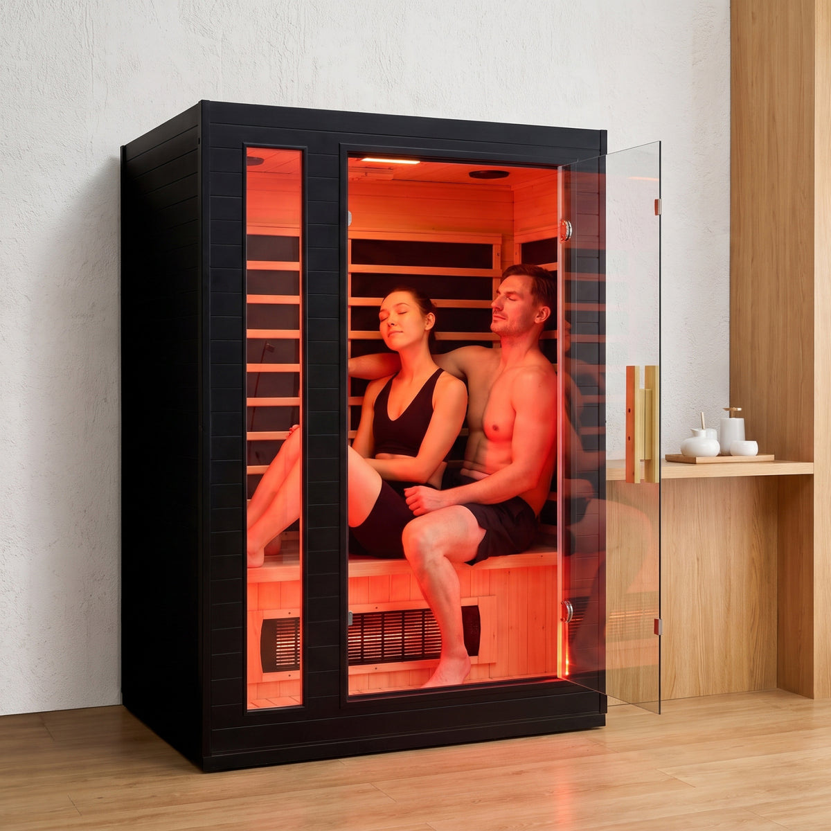 EZLIFE 2-Person Full Spectrum Infrared Sauna and Medical Grade Red Light Option with two people sitting inside