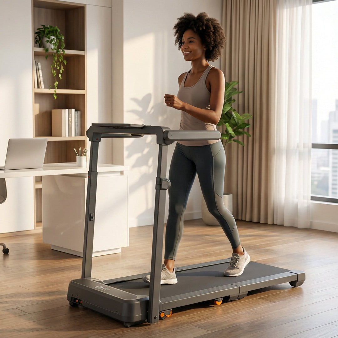 Woman using a walking pad treadmill in a home office setting with large windows and bookshelves.