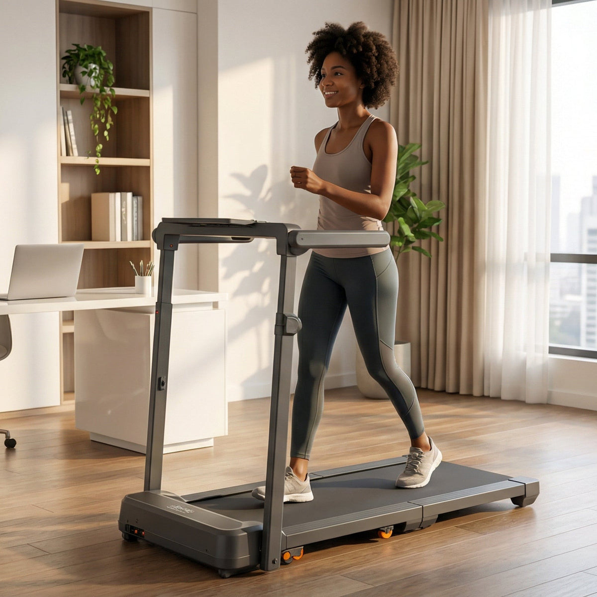 Woman using a walking pad treadmill in a home office setting with large windows and bookshelves.
