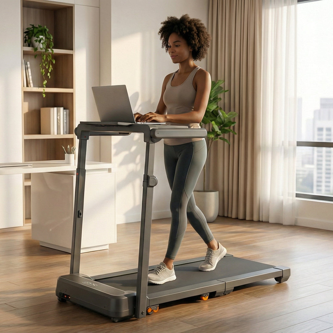 Woman using a walking treadmill desk in a modern office setting with large windows.