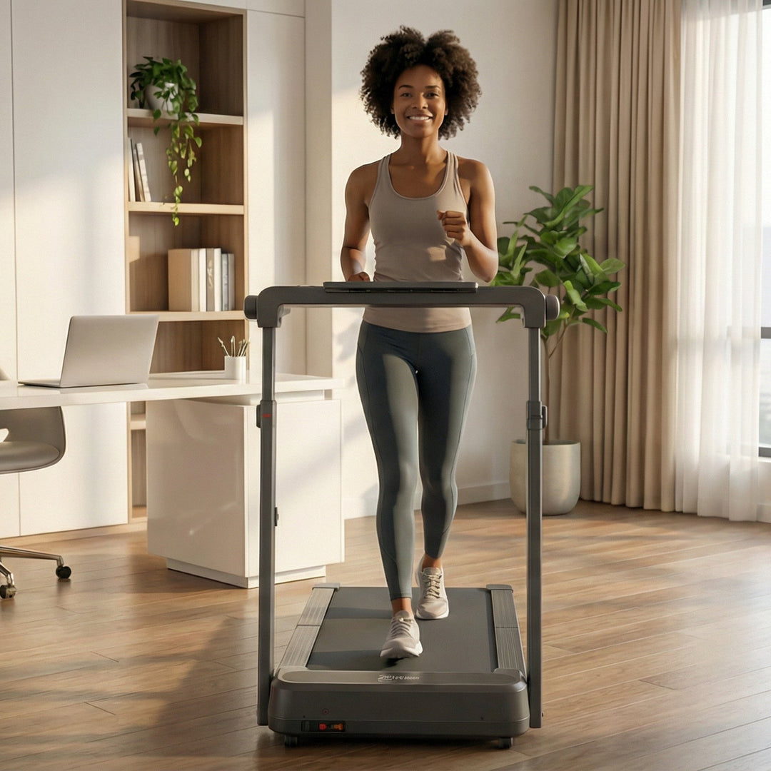 Woman happily using a treadmill in a home office setting with large windows and cityscape view.