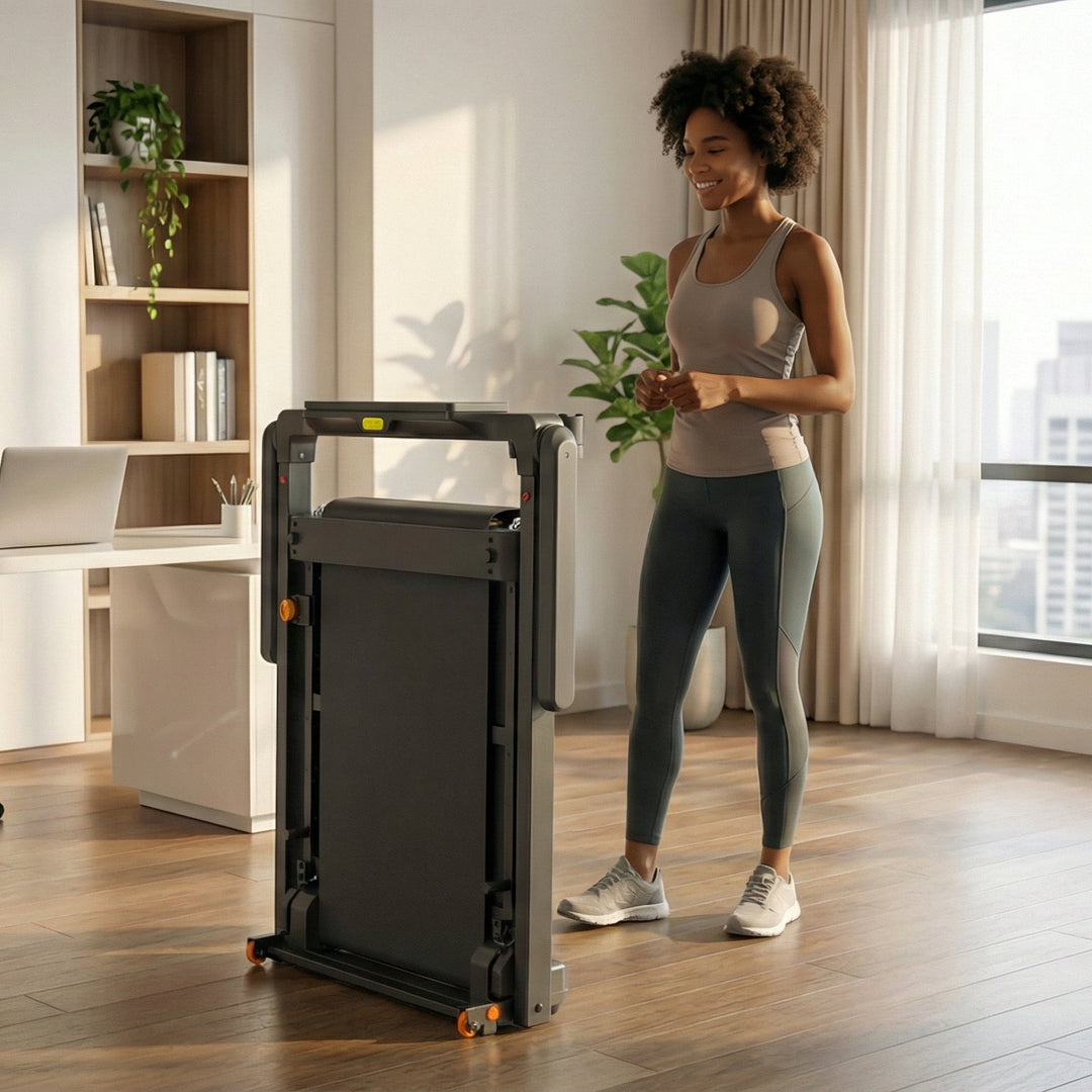 Woman standing next to a portable walkingpad kingsmith treadmill in a home office setting