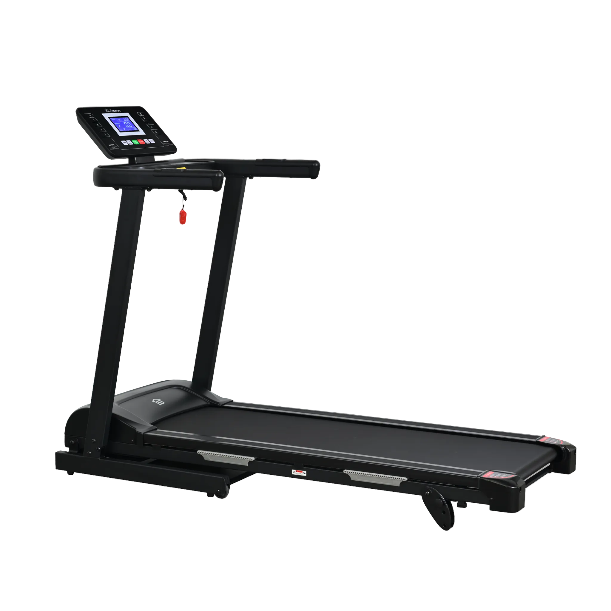 Black treadmill with a digital display on a white background