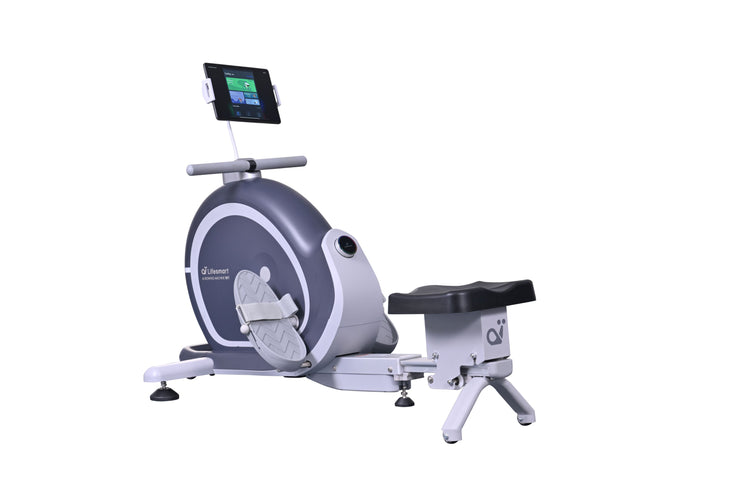 M1 PowerTouch Rower equipped with tablet on white background.