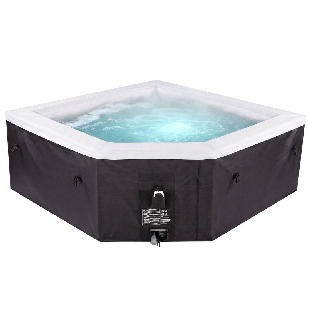 A square inflatable hot tub with a black exterior wall, white interior trim, and bubbling blue water, shown on a plain white background.