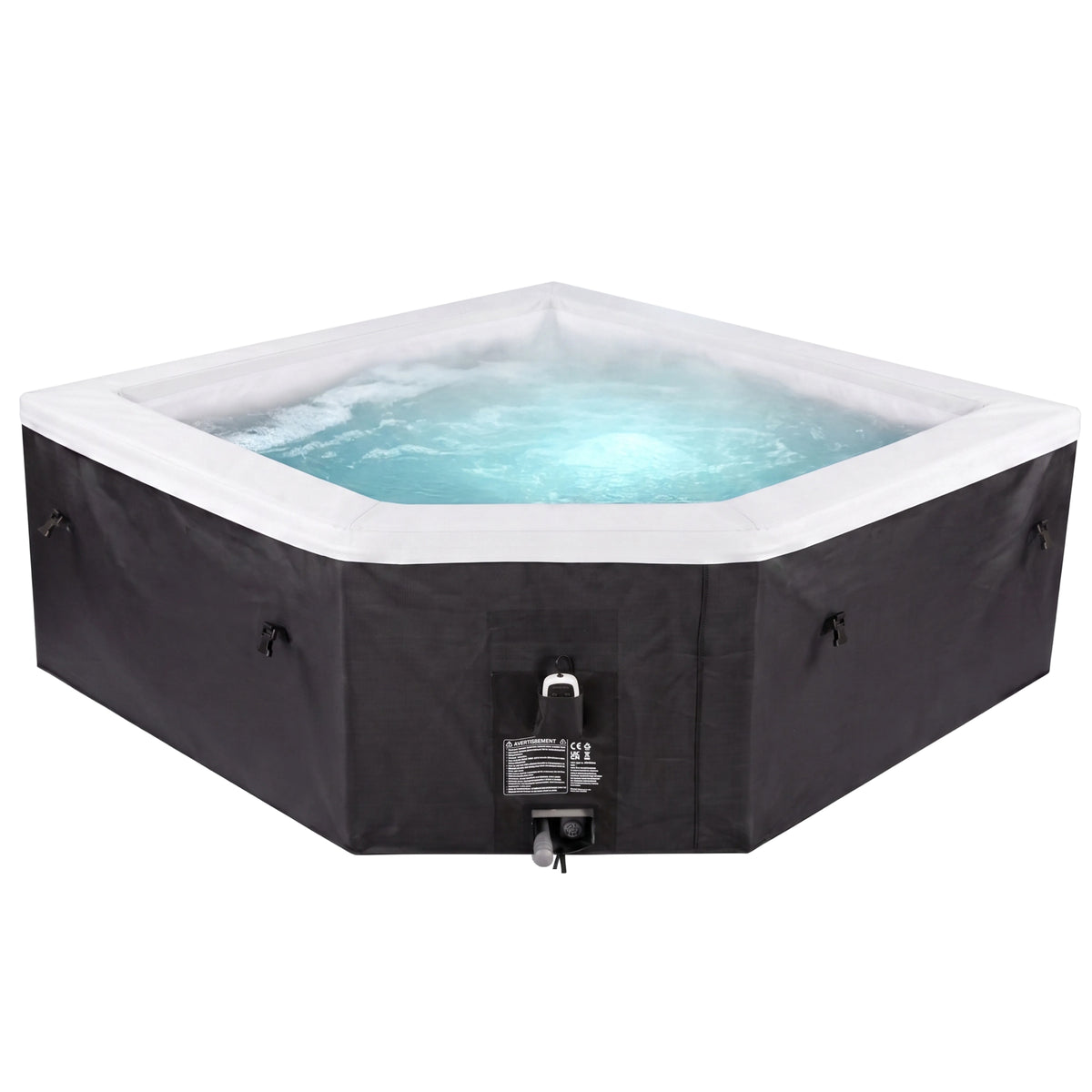 A square inflatable hot tub with a black exterior wall, white interior trim, and bubbling blue water, shown on a plain white background.