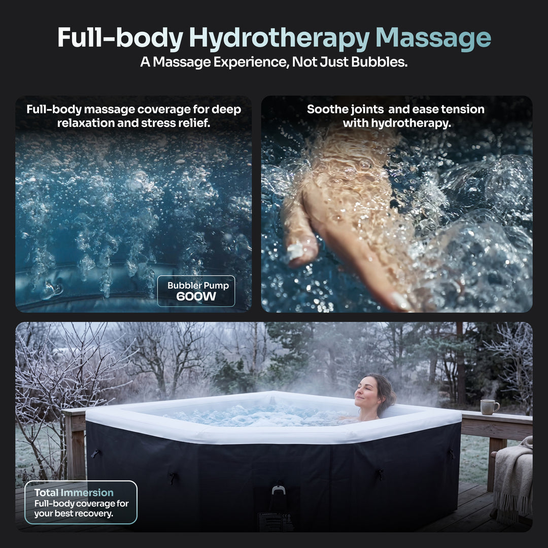 Promotional graphic for a full-body hydrotherapy massage hot tub, showing three panels: a dark text header, close-up underwater bubble imagery with a hand, and a woman relaxing in a bubbling outdoor hot tub on a deck.