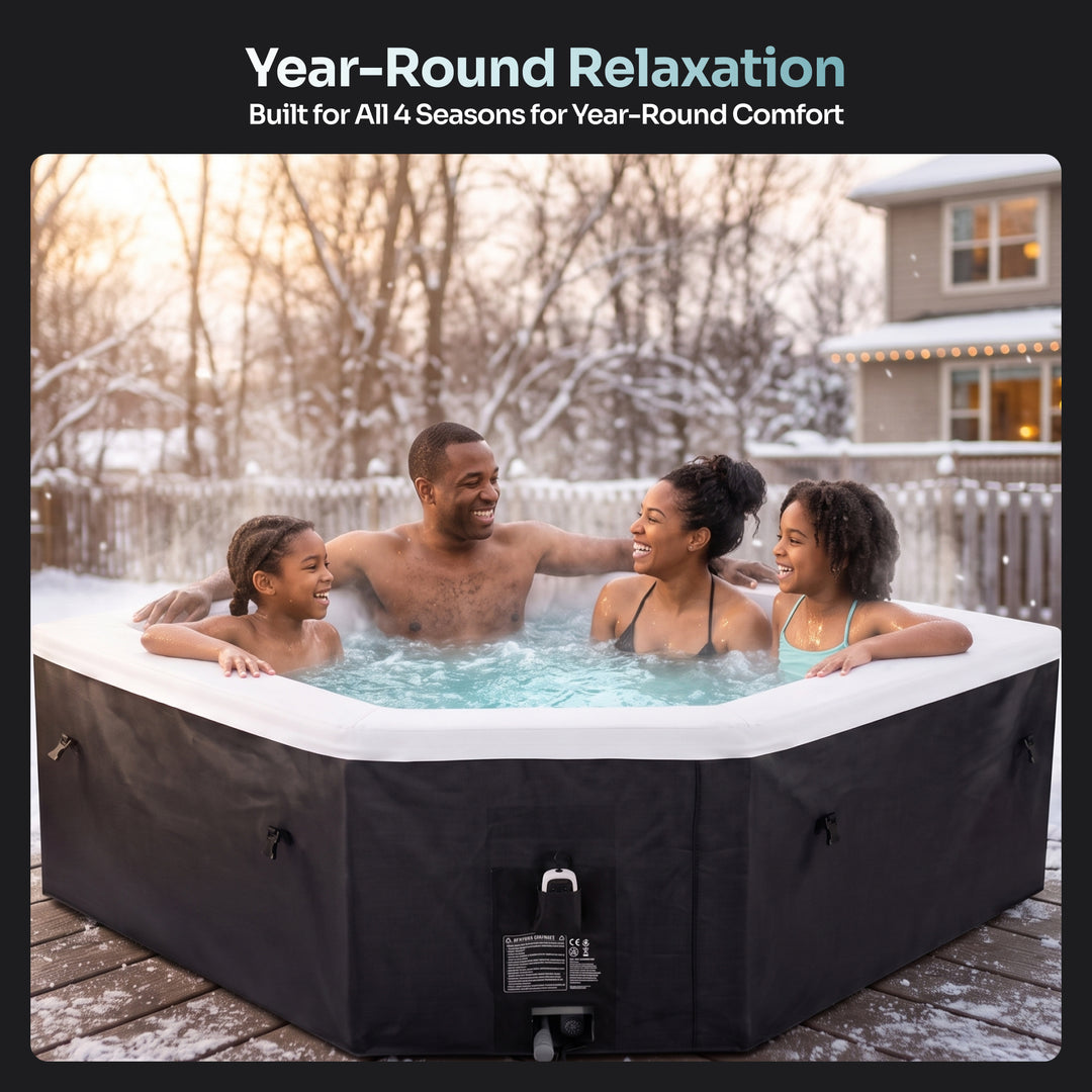 A round outdoor hot tub with a black exterior and white interior rim, shown on a snowy wooden deck with a family relaxing inside. The image includes the text 'Year-Round Relaxation' at the top.