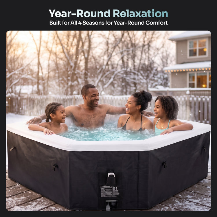 A round outdoor hot tub with a black exterior and white interior rim, shown on a snowy wooden deck with a family relaxing inside. The image includes the text 'Year-Round Relaxation' at the top.