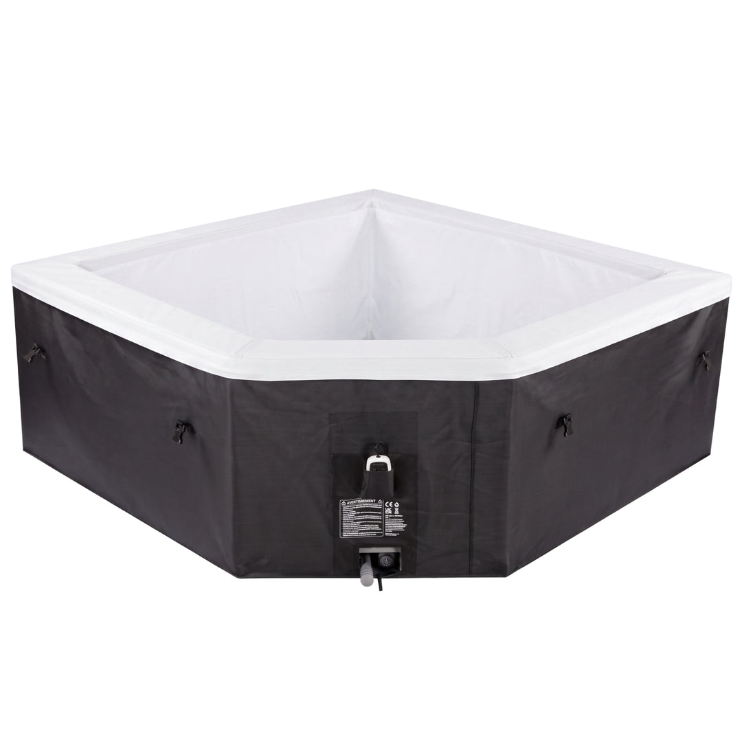 A square hot tub cover with a black exterior and a white interior, shown on a plain white background.