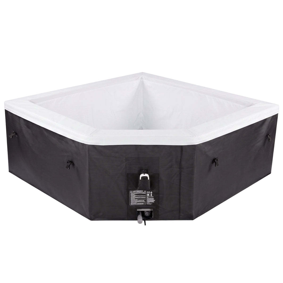 A square hot tub cover with a black exterior and a white interior, shown on a plain white background.