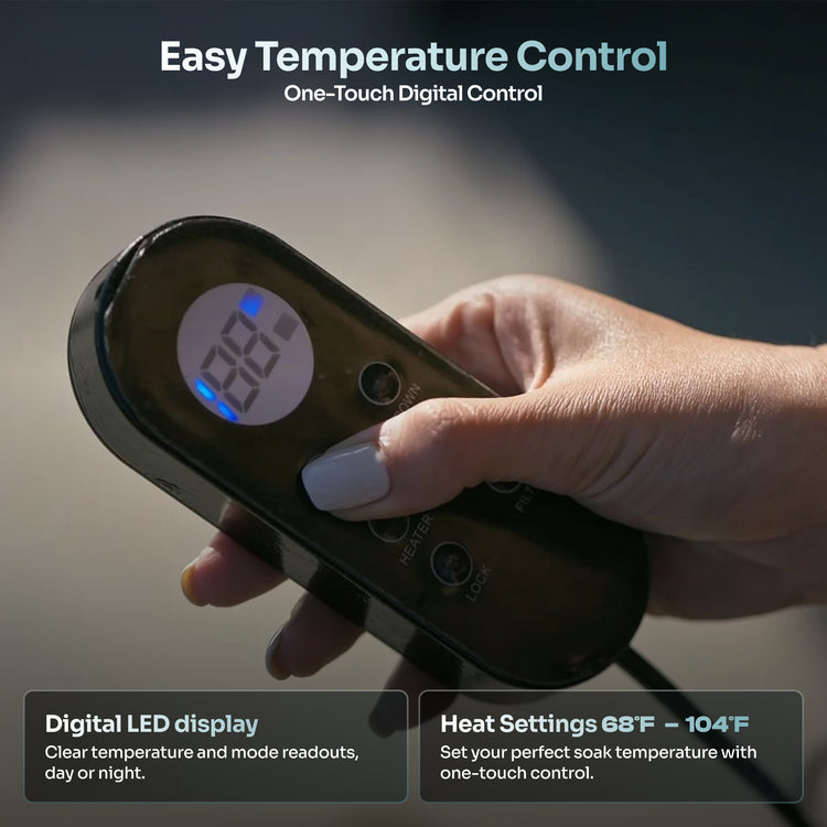 A hand holding a black digital temperature control remote with a circular LED display, shown against a dark background with marketing text about one-touch digital control and heat settings.