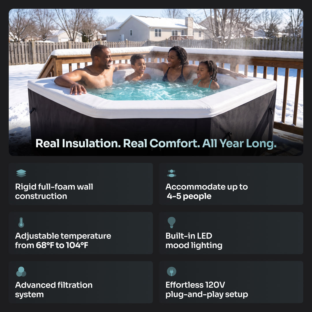 A promotional graphic for an outdoor hot tub featuring a family relaxing in a snowy backyard setting, with text highlighting key features such as rigid full-foam wall construction, adjustable temperature, built-in LED mood lighting, and plug-and-play setup.
