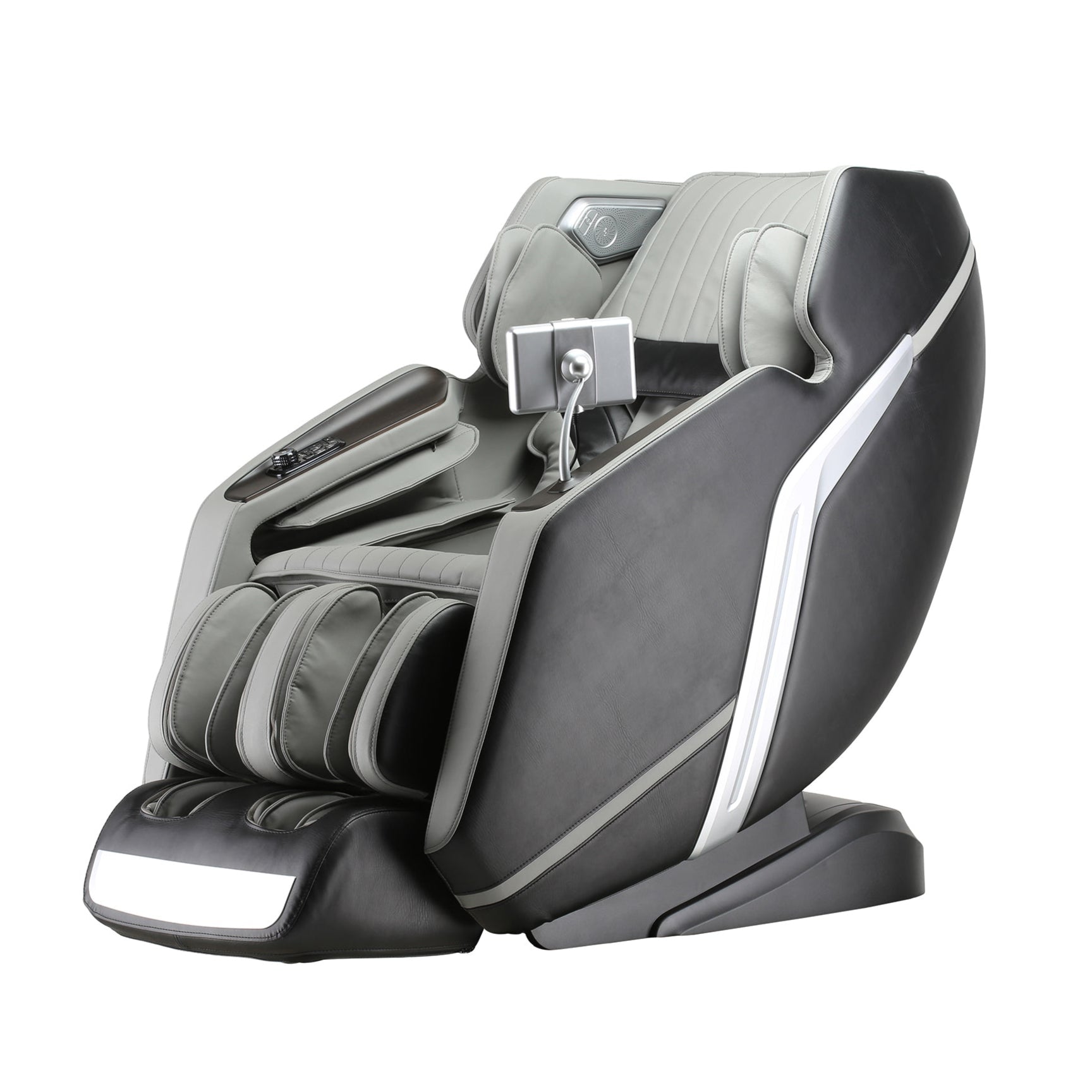 Lifesmart R8658L massage chair with a faux leather finish, in a gray color, featuring multiple cushions and a remote control.