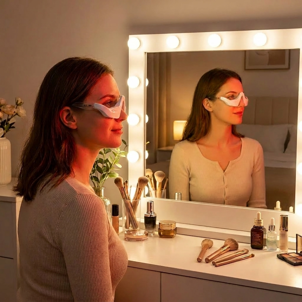 Woman at desk wearing EZLIFE Red Light Eye Lift Device with Microcurrent Therapy 
