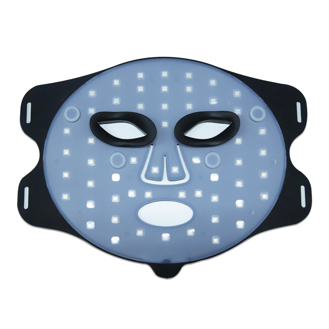 LED face mask with a white light pattern on a white background