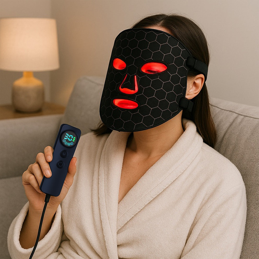 Woman using red light therapy mask