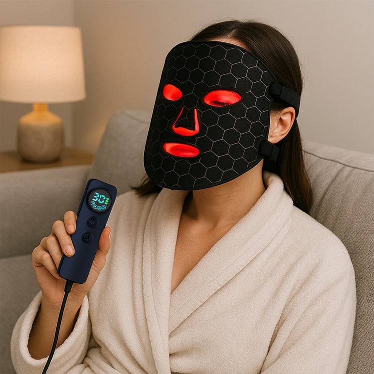Woman using red light therapy mask