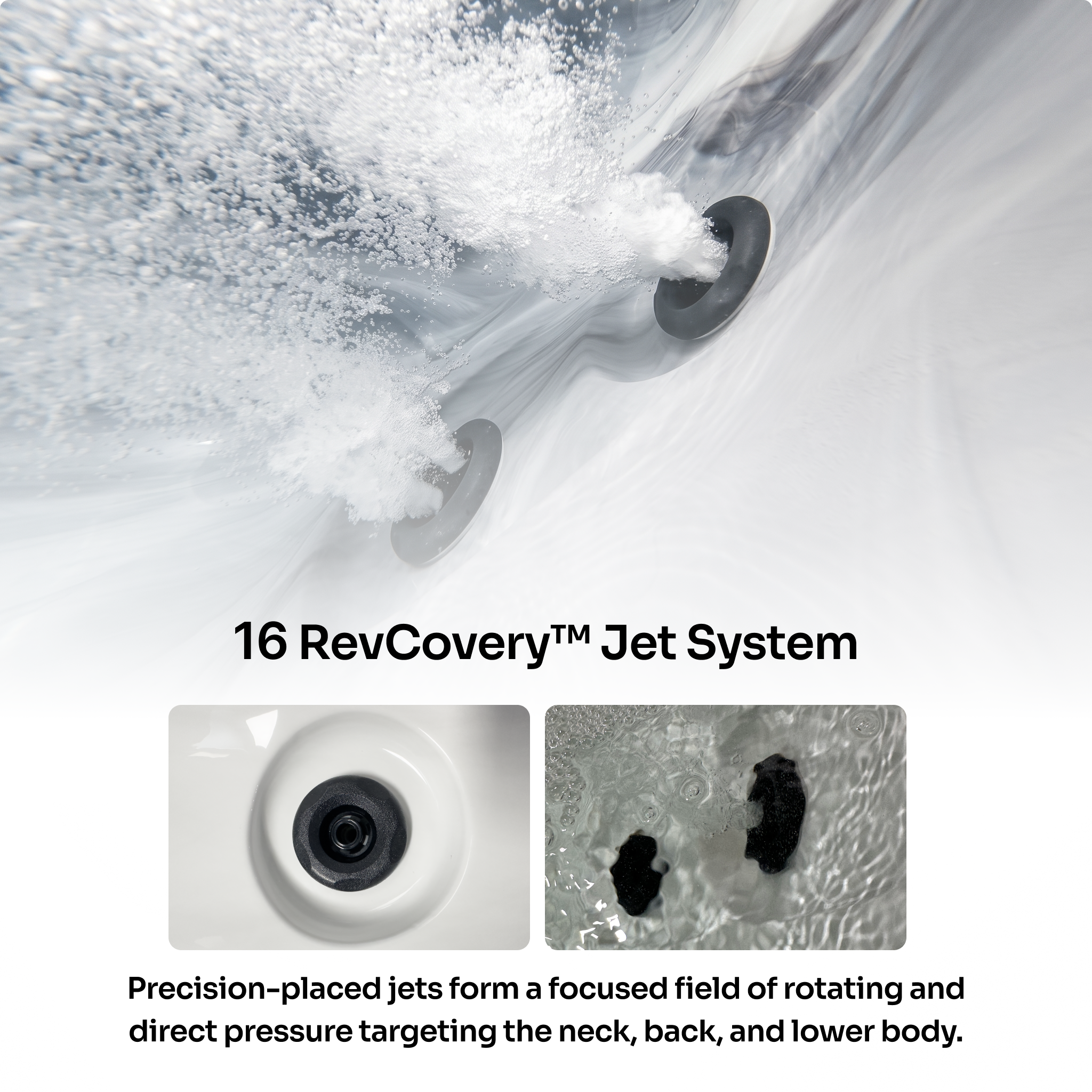 Promotional graphic for EZLIFE 4 Person Acrylic Hot Tub highlighting the 16 RevCovery Jet System, showing water jets spraying from two black nozzles inside a white shower head, with two inset detail photos and explanatory text about focused rotating and direct pressure on the neck, back, and lower body.

