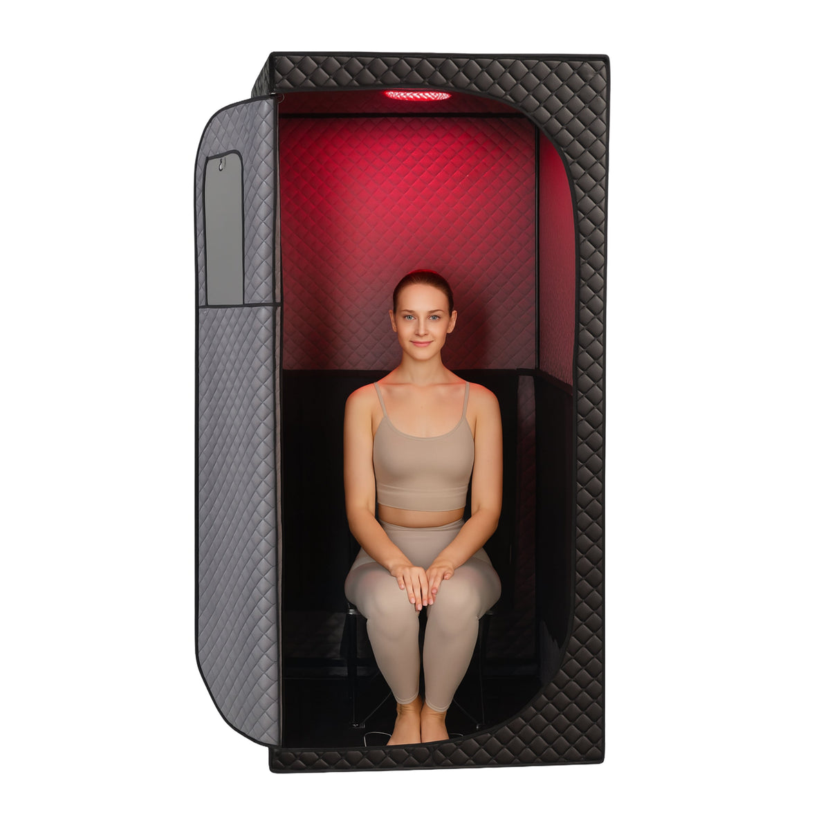 Woman sitting in a portable EZLIFE Sauna Tent with Red Light therapy