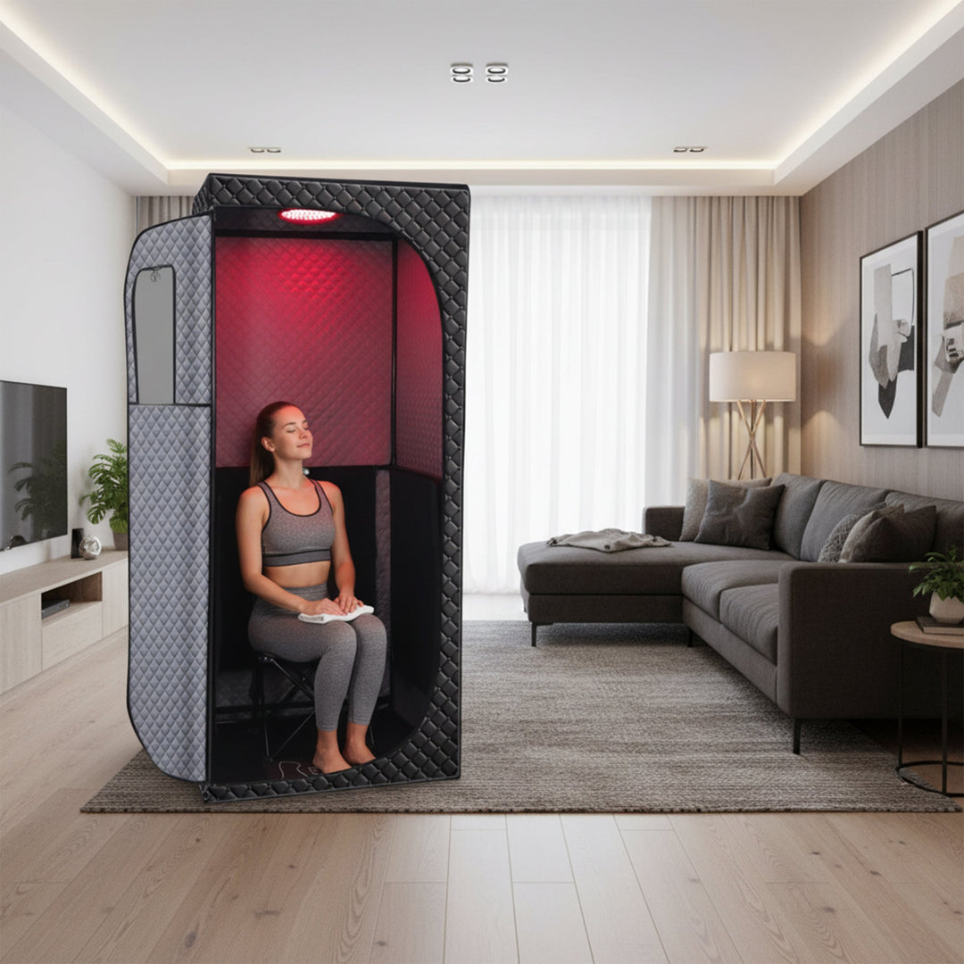 Ezlife woman sitting in the Sauna Tent at home