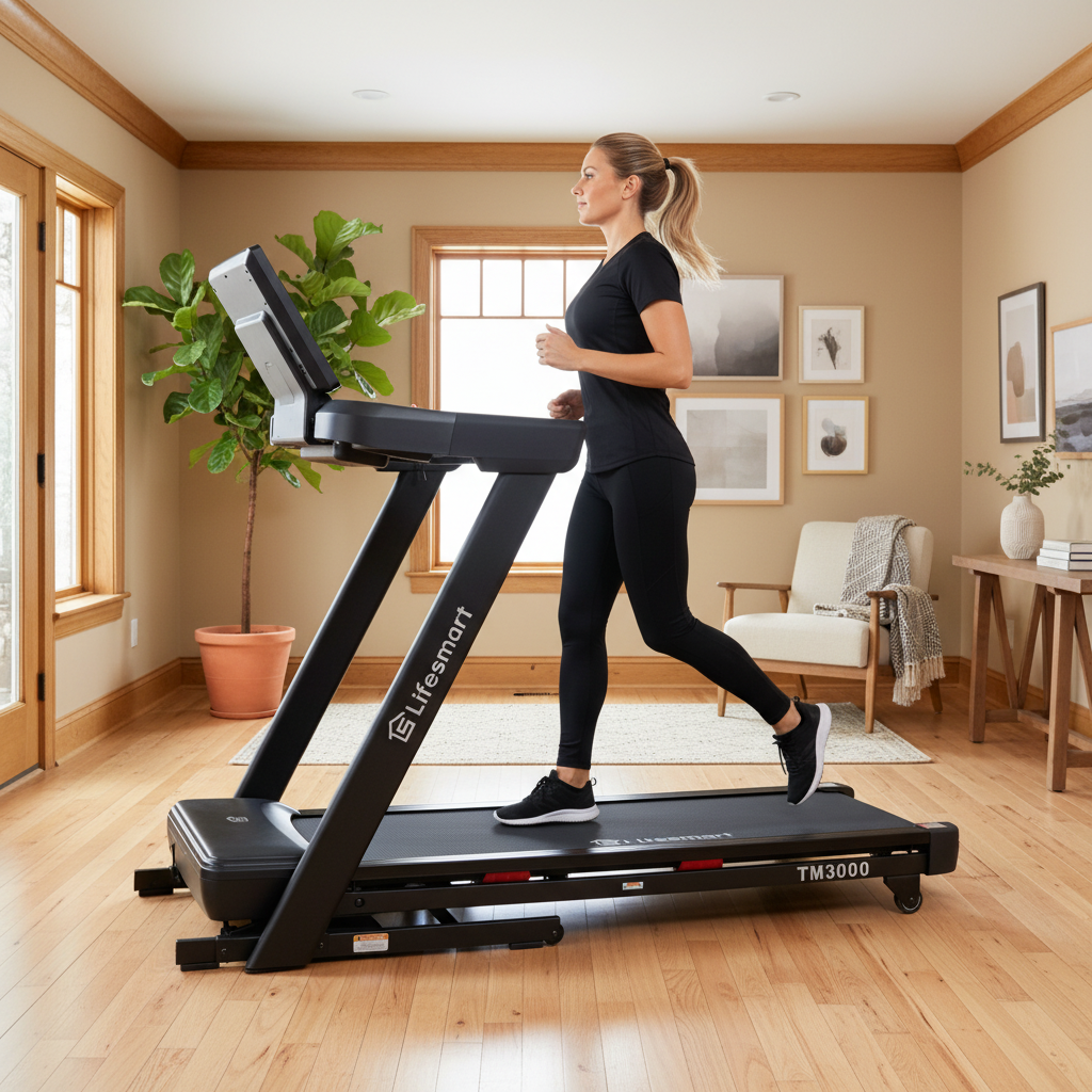Woman running on a treadmill in a home setting