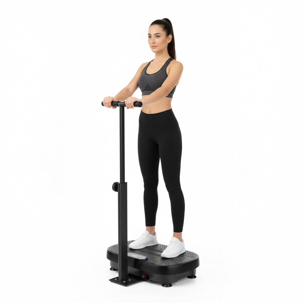Woman on Ezlife Vibration Platform with Upright T-Bar Handle on white background.