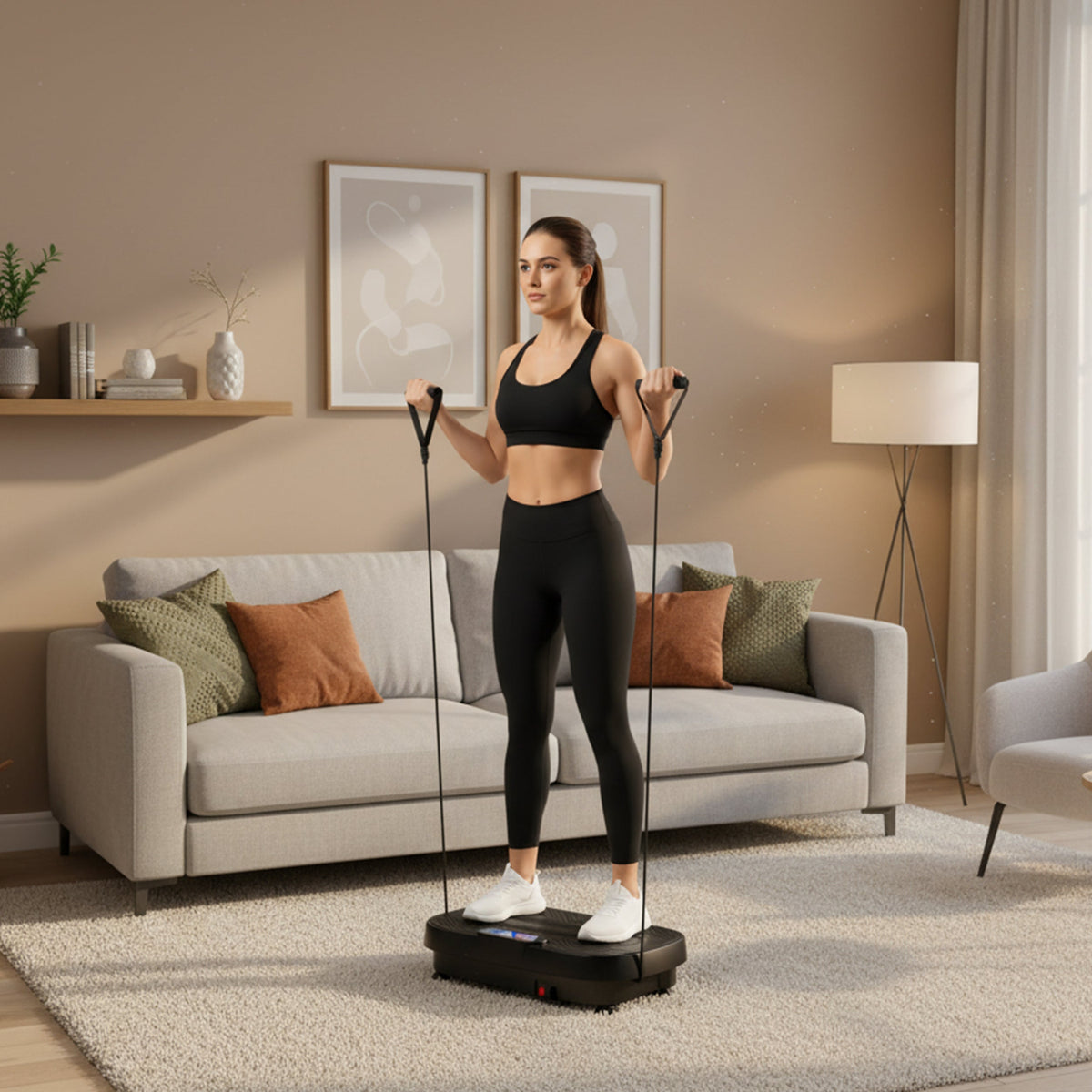 Woman using Ezlife Vibration Platform with Upright T-Bar Handle in living room.
