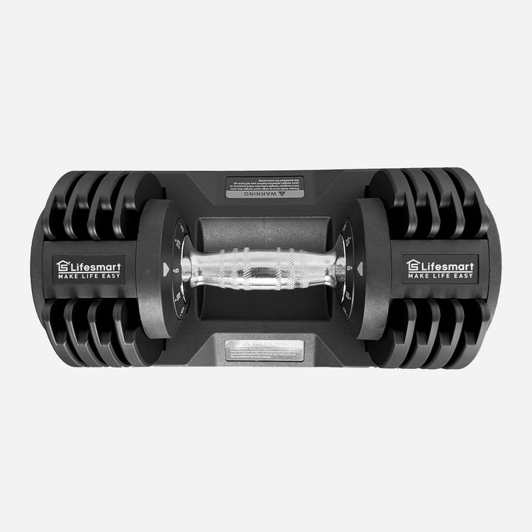 Top down view of Lifesmart 25 lb. Adjustable Dumbbell on gray background