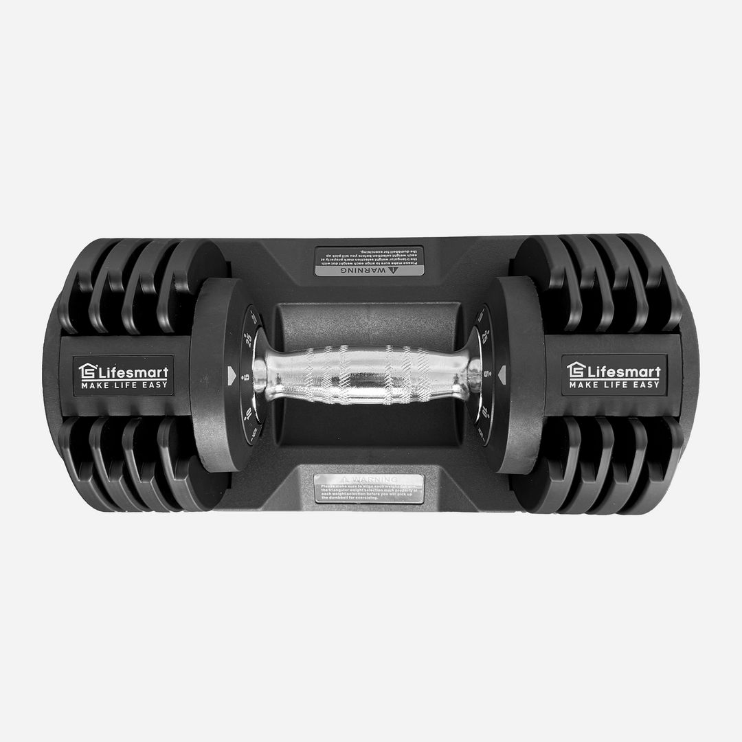 Top down view of Lifesmart 25 lb. Adjustable Dumbbell on gray background