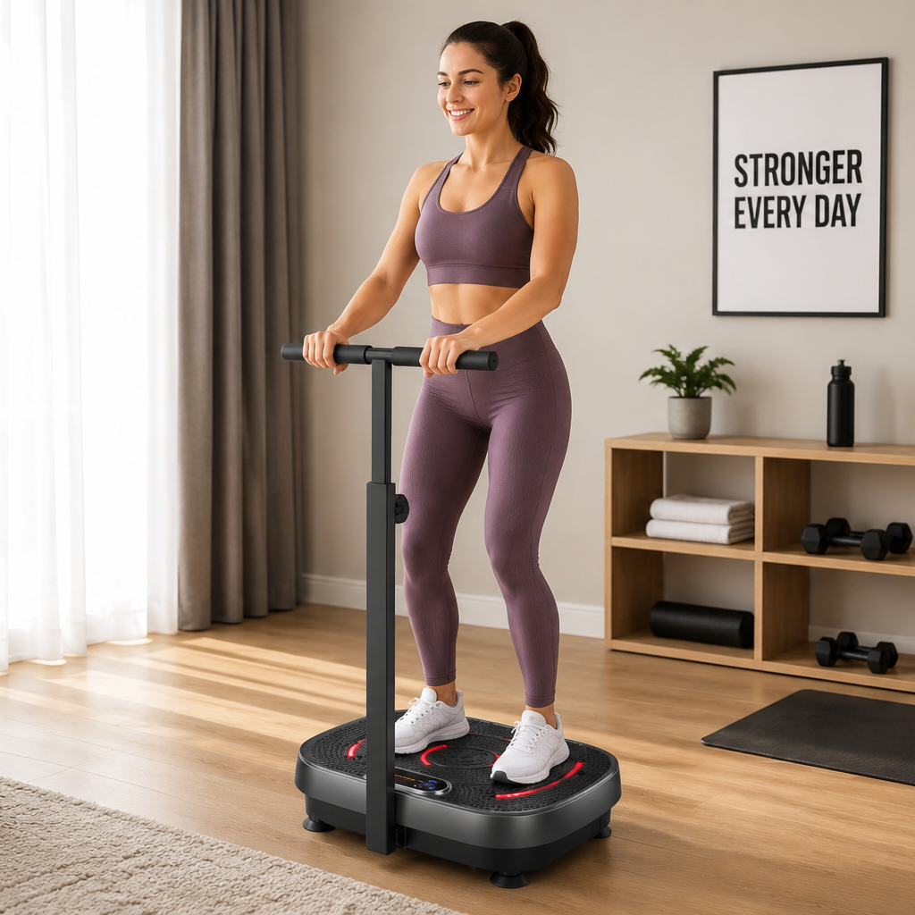 Woman using a vibration plate in a home gym setting.