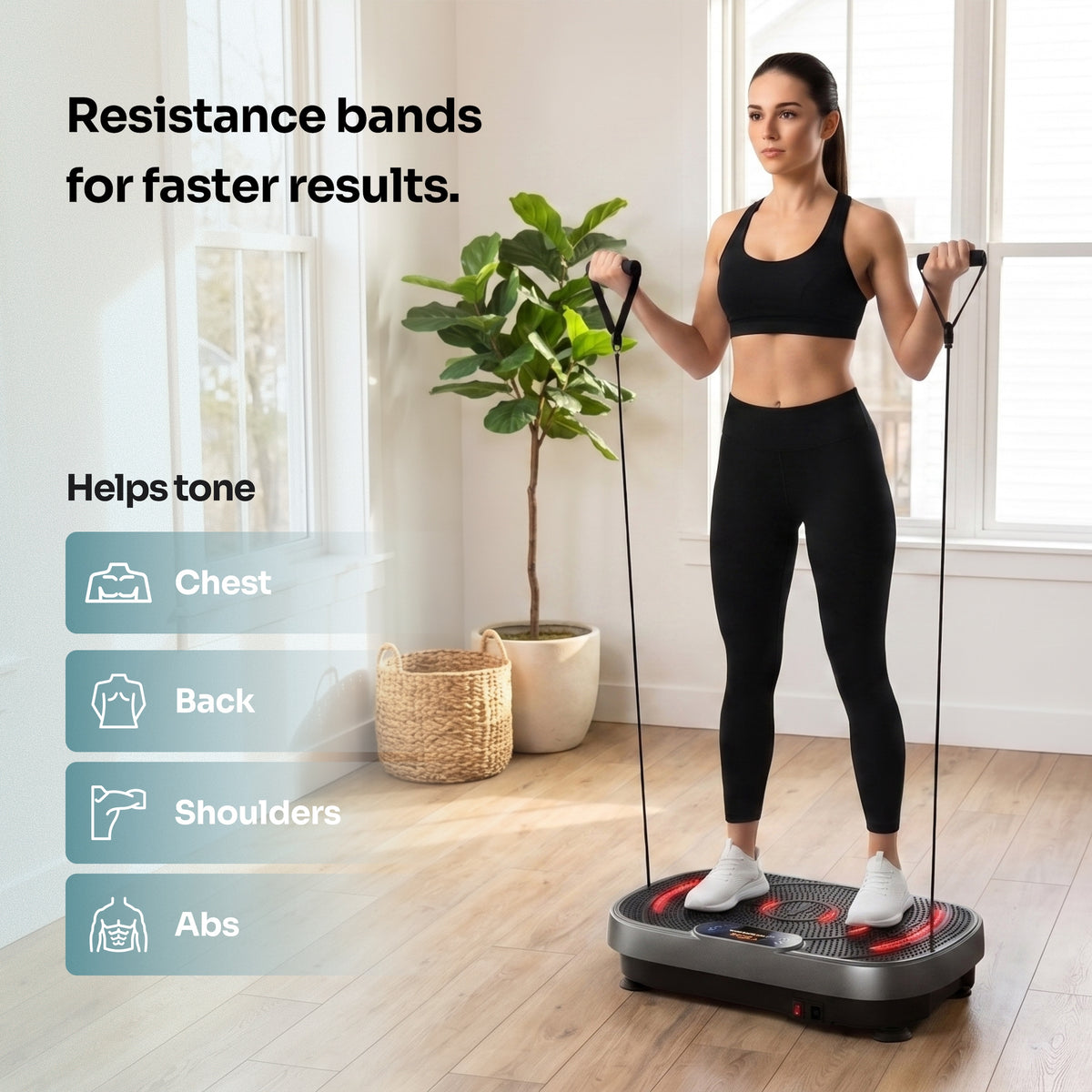 EZLIFE Vibration Plate with Red Light and Heat with resistance bands for strength training