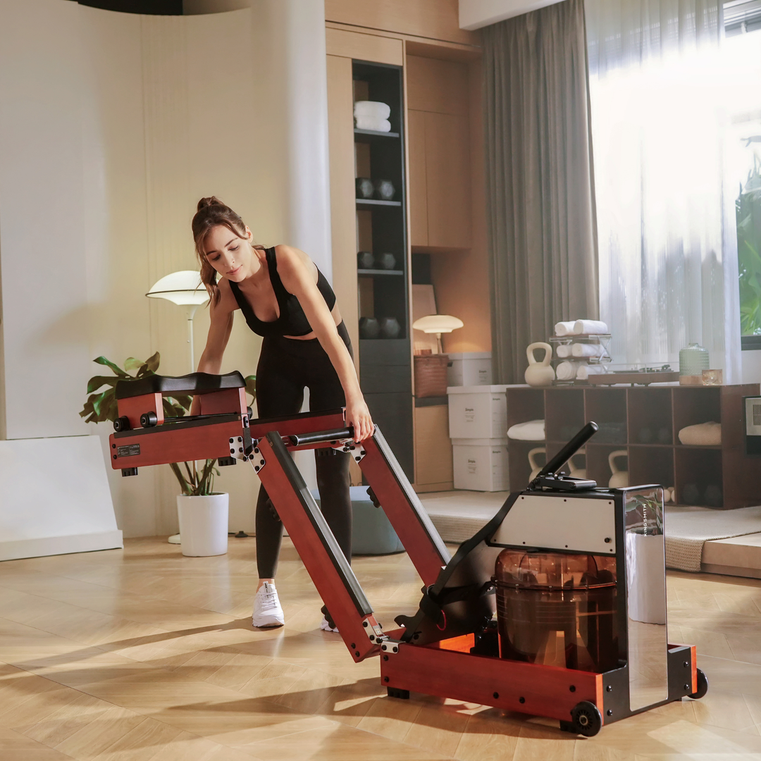 Woman using WM10 Rower in a modern living room.