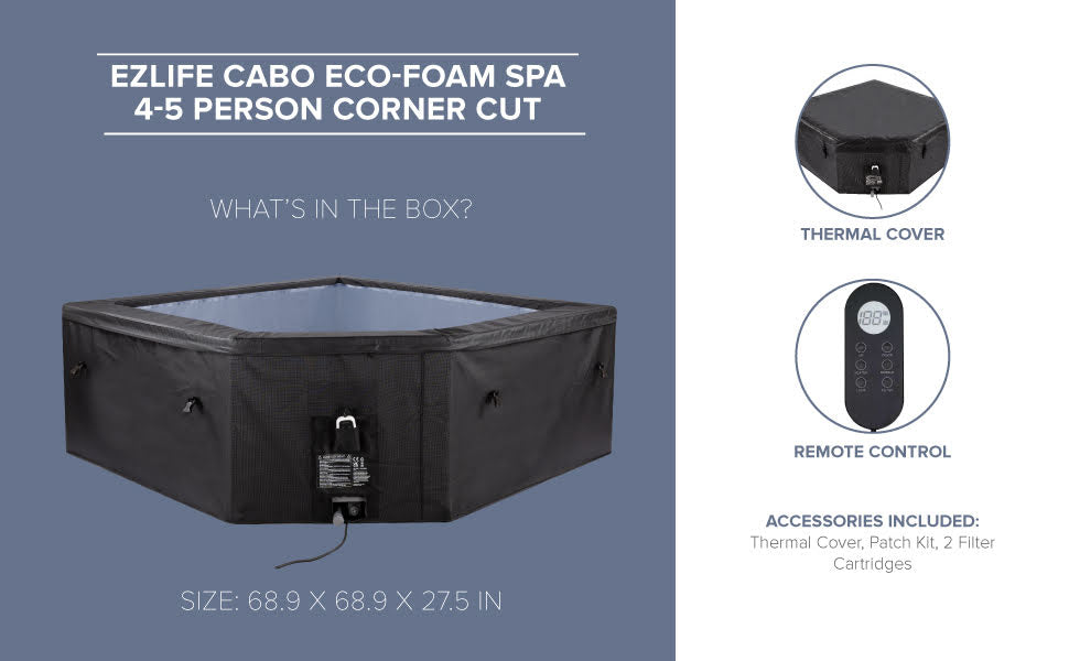 Collage of photos and illustrations with text: EZLIFE CABO ECO-FOAM SPA 4-5 PERSON CORNER CUT. What's in the box? Size: 68.9" x 68.9" x 27.5". Thermal Cover. Remote Control. Accessories included: Thermal Cover, Patch Kit, 2 Filter Cartridges.