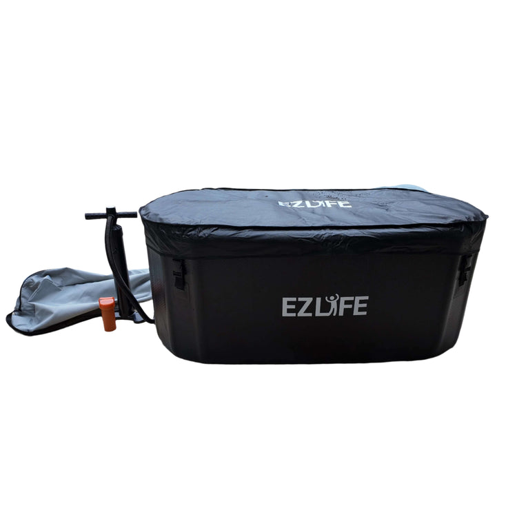 Black EZLife inflatable pool with cover on a white background