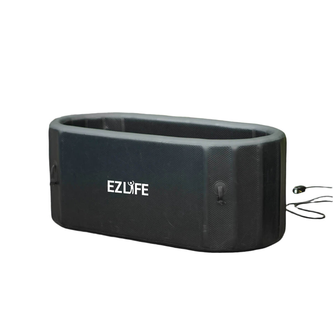 An inflatable black ice bath with the EZLIFE brand logo on the side.