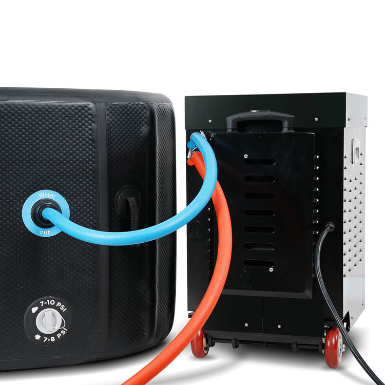 Temperature control unit with blue and red tubing connecting to inflateable cold plunge.