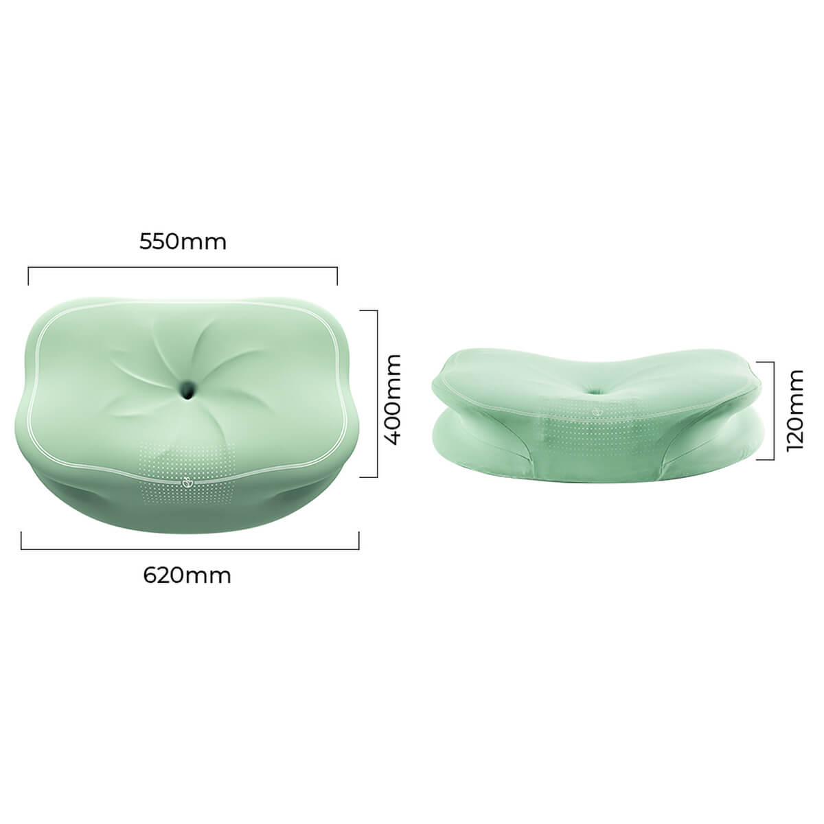 Two angles of the cervical neck pillow showing the width and the height. 550mm wide in front. 620mm wide in the back of the pillow. 400mm depth. 120mm height.