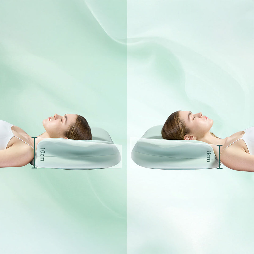 Collage showing same woman using different heights of the pillow. One height of 10cm and the other height of 8cm.