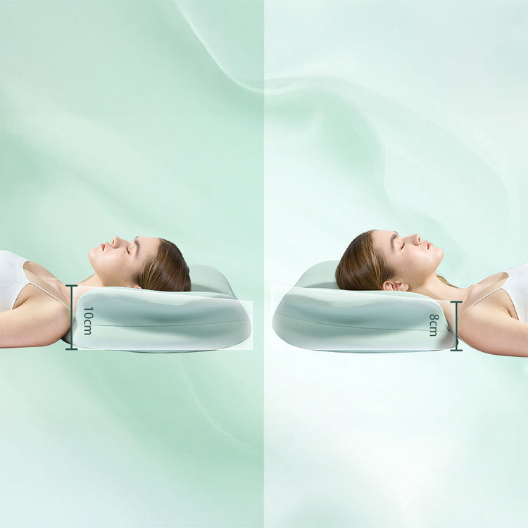 Collage showing same woman using different heights of the pillow. One height of 10cm and the other height of 8cm.