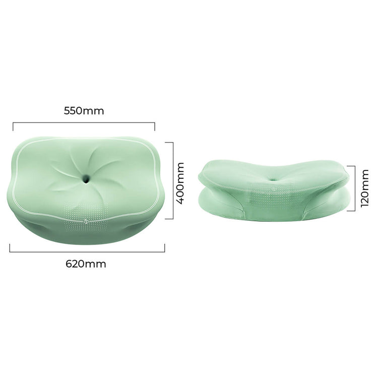 Two angles of the cervical neck pillow showing the width and the height. 550mm wide in front. 620mm wide in the back of the pillow. 400mm depth. 120mm height.